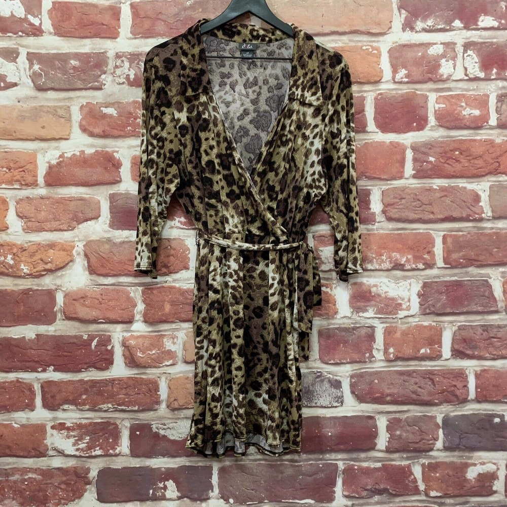 DOTS WOMEN'S TAN & BROWN ABSTRACT ANIMAL PRINT STRETCHY PULLOVER DRESS
